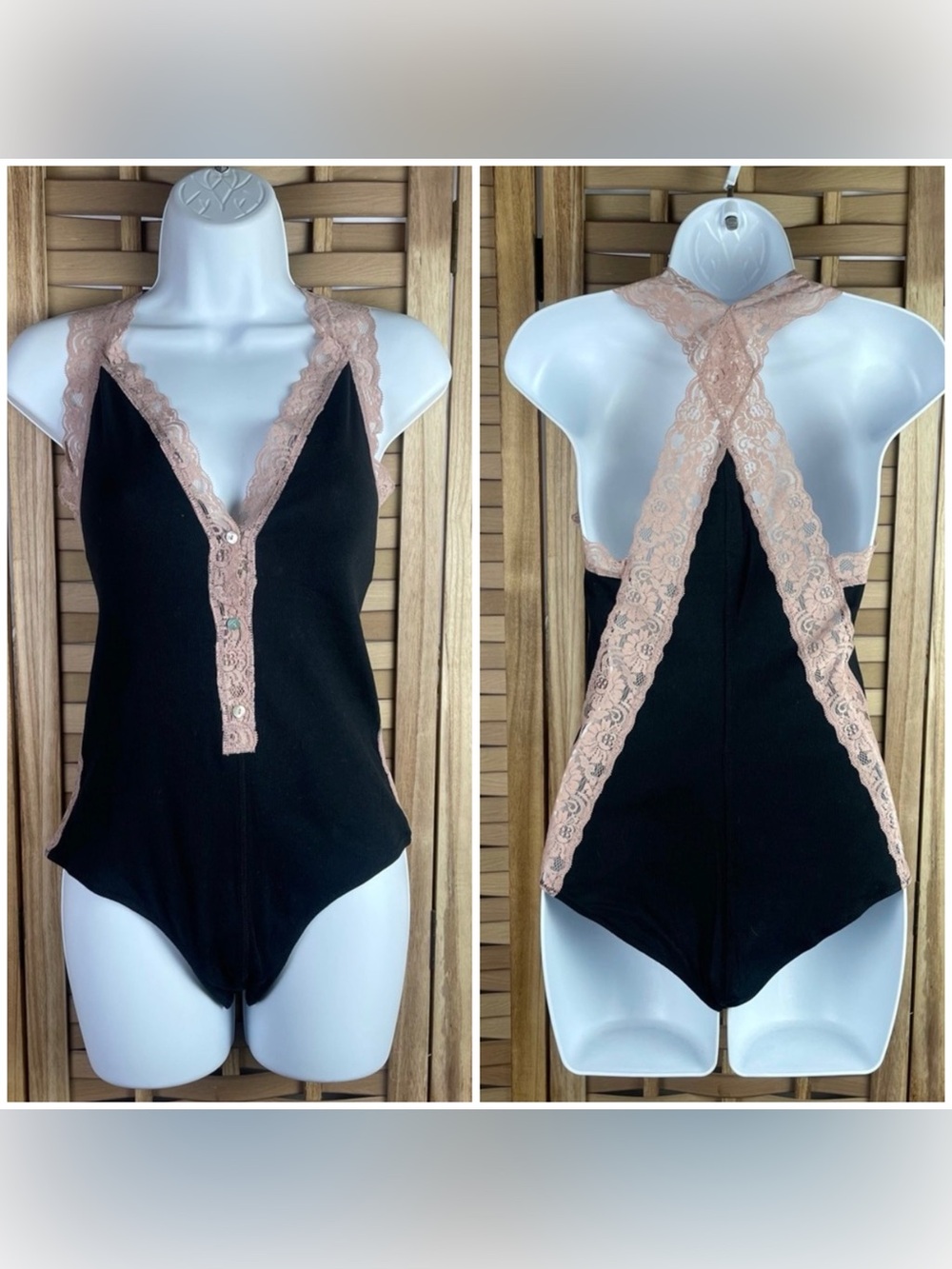 FREE PEOPLE Crisscross Lace Mother Of Pearl Button Ribbed V-neck Bodysuit